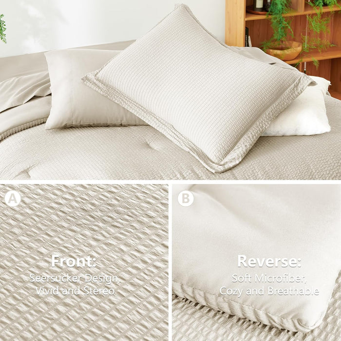 CozyLux Queen Comforter Set Beige - 7 Pieces Striped Seersucker Bed in a Bag, Soft Lightweight Boho Bedding Set with All Season Comforters Queen Size, Sheets, Pillowcases & Shams