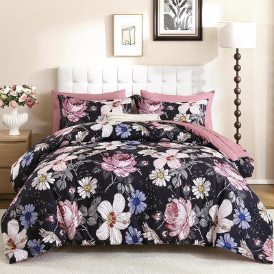 Luxudecor King Comforter Set 7 Pieces Bedding Sets,Black Pink Floral Comforter and Sheet Set,Soft Microfiber Bed in a Bag for All Seasons (Black Pink,104"x90")