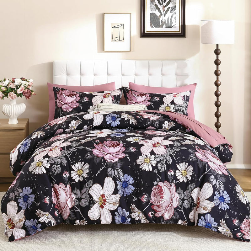Luxudecor Queen Comforter Set 7 Pieces Bedding Sets,Gray Floral Comforter and Sheet Set,Soft Microfiber Bed in a Bag for All Seasons (Gray,90"x90")