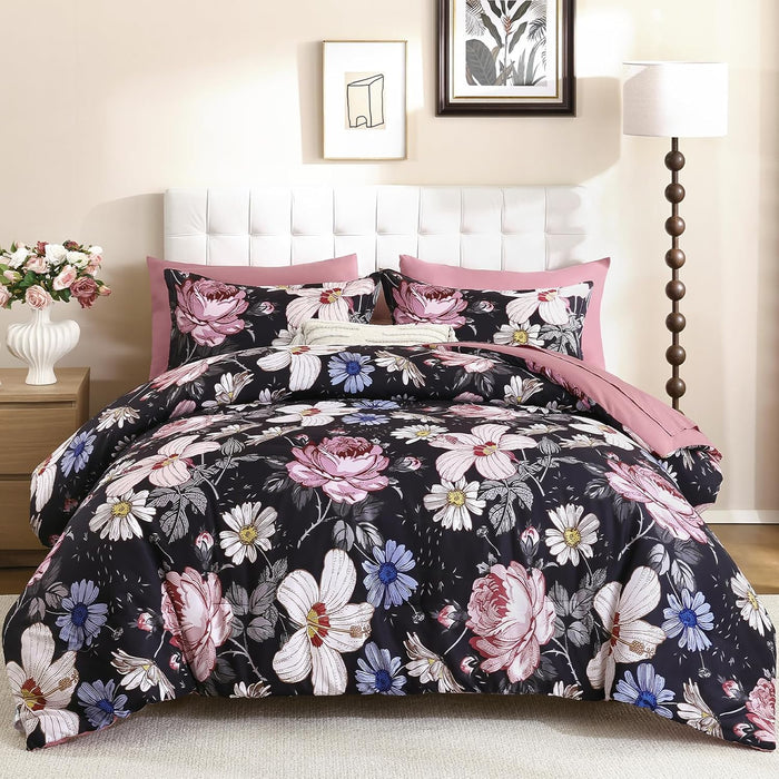 Luxudecor Queen Comforter Set 7 Pieces Bedding Sets,Gray Floral Comforter and Sheet Set,Soft Microfiber Bed in a Bag for All Seasons (Gray,90"x90")