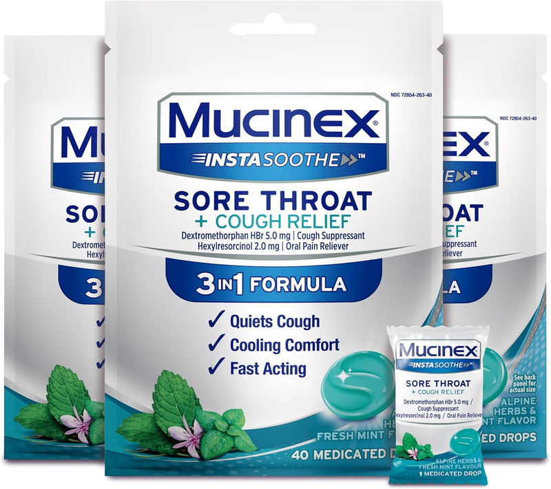 Mucinex Instasoothe Sore Throat Relief, Sore Throat Lozenges, Sore Throat Medicine with Hexylresorcinol, Cough Drops Alternative, 40 Elderberry & Wild Cherry Medicated Numbing Throat Drops