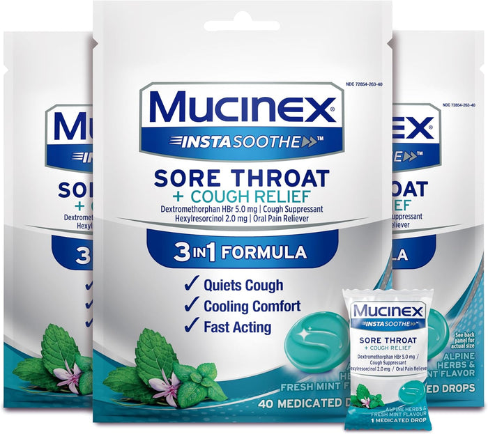 Mucinex Instasoothe Sore Throat Relief, Sore Throat Lozenges, Sore Throat Medicine with Hexylresorcinol, Cough Drops Alternative, 40 Elderberry & Wild Cherry Medicated Numbing Throat Drops