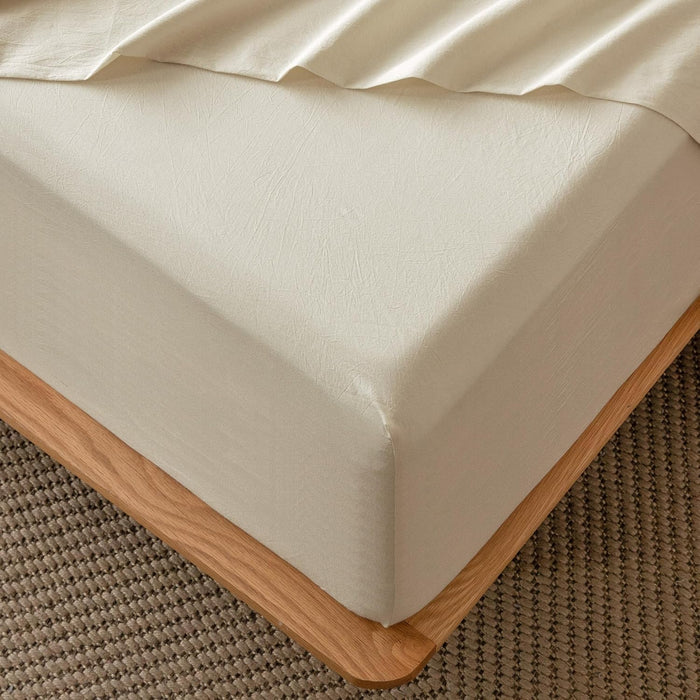 MooMee Fitted Bottom Sheet Only 100% Washed Cotton Linen Like Textured Breathable Durable Soft Comfy Deep Pocket Fits Mattress up to 17" (White Dark Grey Wide Stripes, Queen)