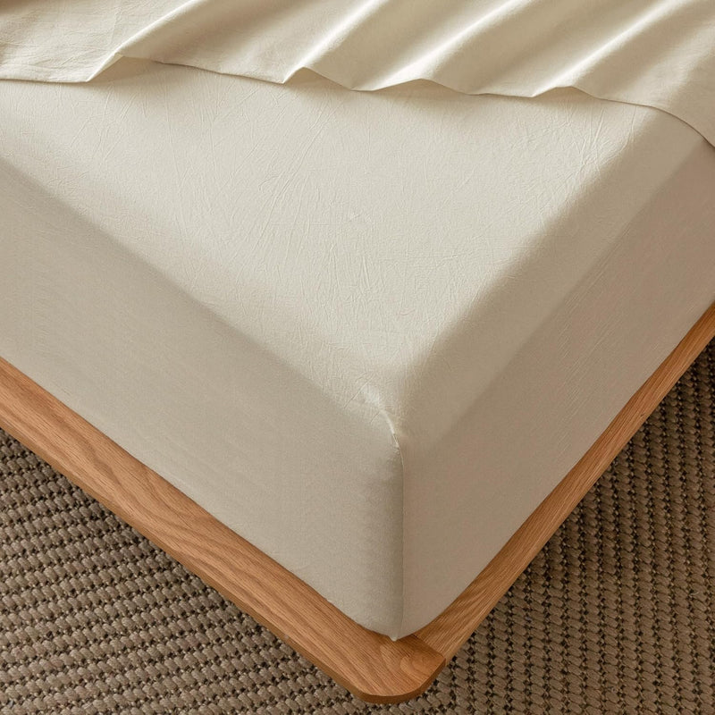 MooMee Fitted Bottom Sheet Only 100% Washed Cotton Linen Like Textured Breathable Durable Soft Comfy Deep Pocket Fits Mattress up to 17" (White Dark Grey Wide Stripes, Queen)