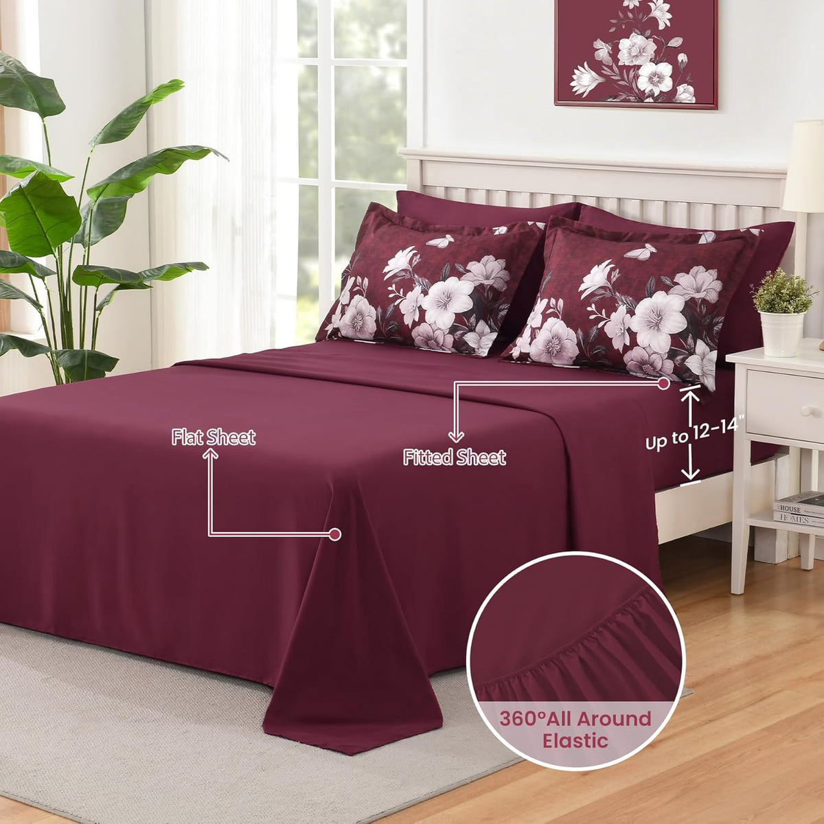 Floral Comforter Set Queen Size, 7 Pieces Burgundy Bed in a Bag, Elegant Floral Butterfly Comforter and Sheet Set, Soft Microfiber Bedding Set for All Seasons(Burgundy,90"x90")