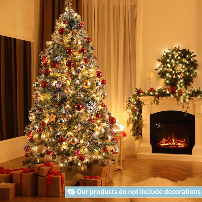 Arlopu 9ft Pre-lit Artificial Cashmere Christmas Tree, Snow Flocked Prelighted Pine Needle Xmas Tree, W/Warm White Lights, Tips, Foldable Metal Base for Home Store Party Holiday Decoration