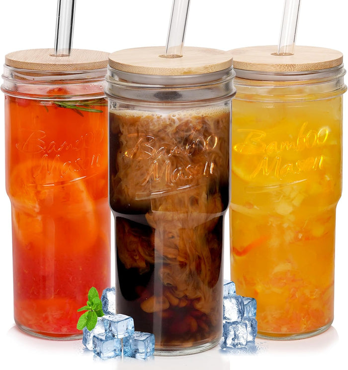 ANOTION Glass Cups with Lids and Straws - 24 oz Tumbler with Handle Halloween Coffee Cups Glass Straws Mason Jar Cups Drinking Set Kitchen Essentials Coffee Bar House Warming Gifts New Home