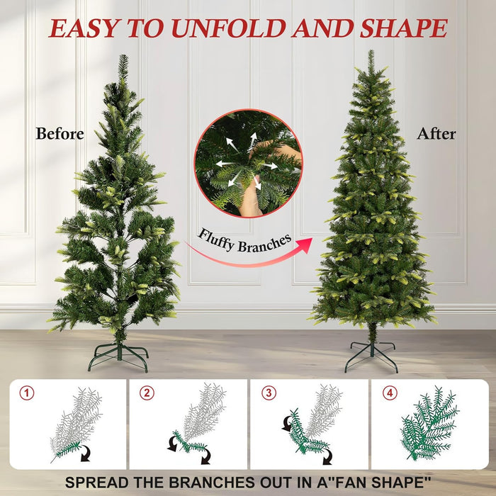Uten Pencil Christmas Tree, 7.5ft Slim Christmas Tree with Mixed 800 Branch Tips, Foldable Metal Stand, Easy Assembly for Home, Office, Party, Holiday
