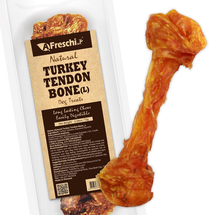 AFreschi Turkey Tendons for Dogs, USA-Sourced, Healthy Dog Treats, Rawhide-Free Puppy Chews, Long Lasting, All Natural, Hypoallergenic Dog Treats for Large Breeds, 10 oz Pack Bone (L)