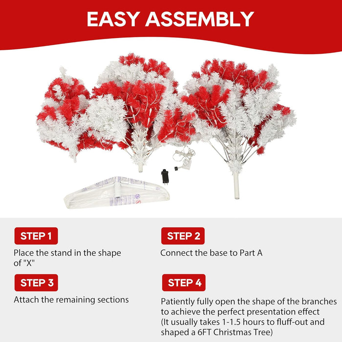 6 FT Candy Cane Artificial Christmas Tree, Red and White Swirl Xmas Tree, Pre Lit Christmas Tree with 380 Warm White Lights, 1200 Tips, 8 Color Modes, Metal Stand