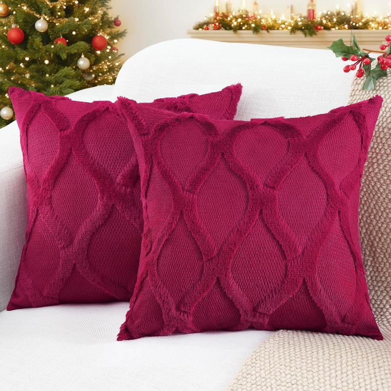 decorUhome Throw Pillow Covers 18x18 Inch Set of 2, Soft Plush Faux Fur Wool Cream White Couch Pillow Covers, Decorative Neutral Pillow Cases for Bed Sofa Living Room Home Decor