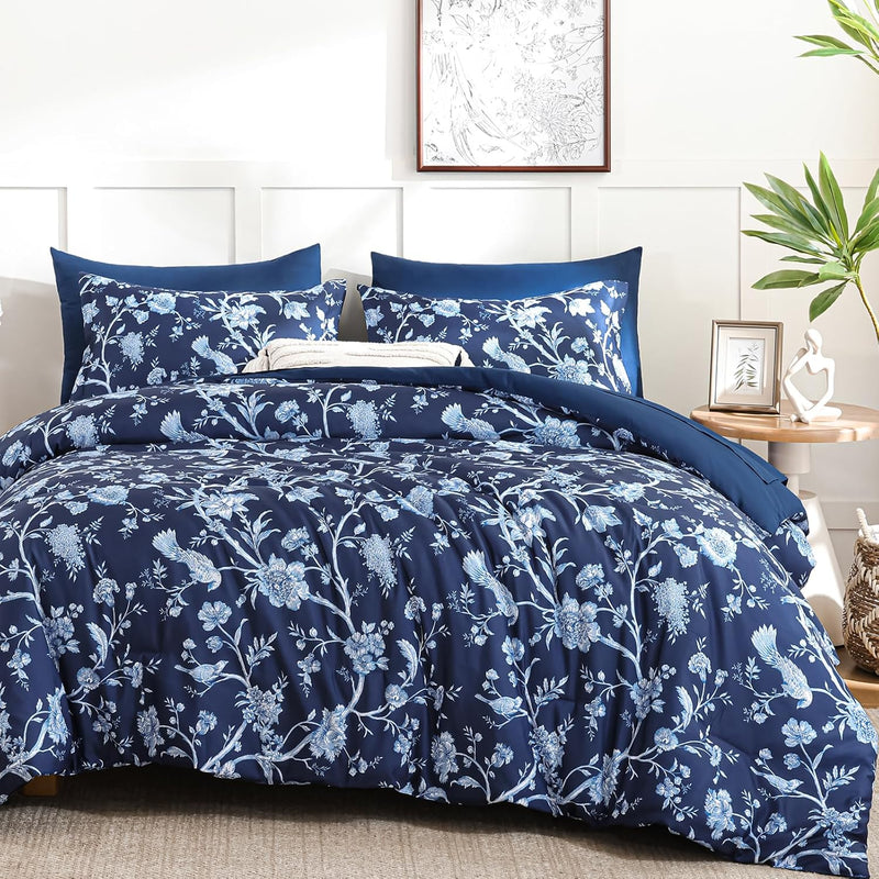 Luxudecor Floral Queen Comforter Set 7 Pieces Bed in a Bag, Sage Green Flower with Bird Bedding Set, Soft Reversible Comforter with Sheet Set 90"x90"
