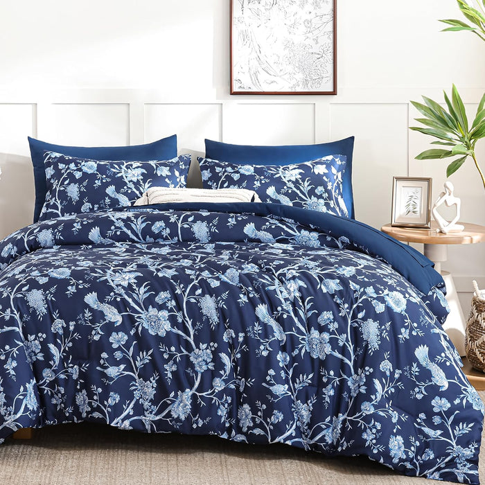 Luxudecor Floral Queen Comforter Set 7 Pieces Bed in a Bag, Sage Green Flower with Bird Bedding Set, Soft Reversible Comforter with Sheet Set 90"x90"
