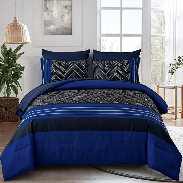 Luxudecor Burgundy Comforter Set Queen Size 7 Pieces Red and Black Stripe Bed in a Bag Geometric Comforter and Sheet Set, Soft Microfiber Complete Bedding Sets for All Seasons