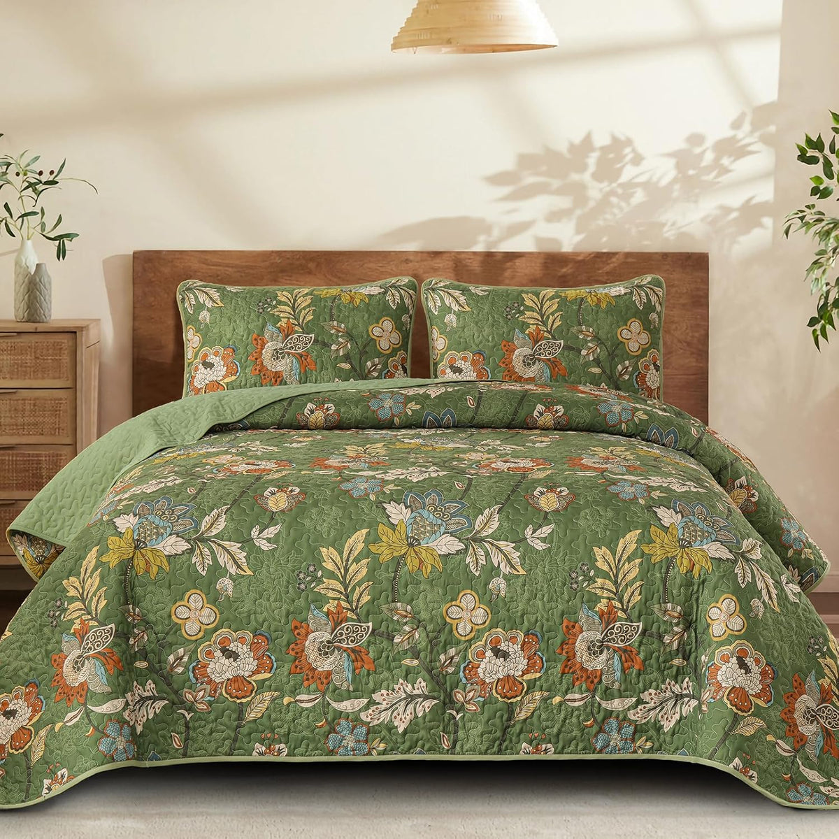 WONGS BEDDING Floral Quilt Set King Size, Grey Botanical King Bedspread Bedding Sets Soft Lightweight Microfiber Flower Gray Coverlet Set 3 Pieces for All Season (104"x90")