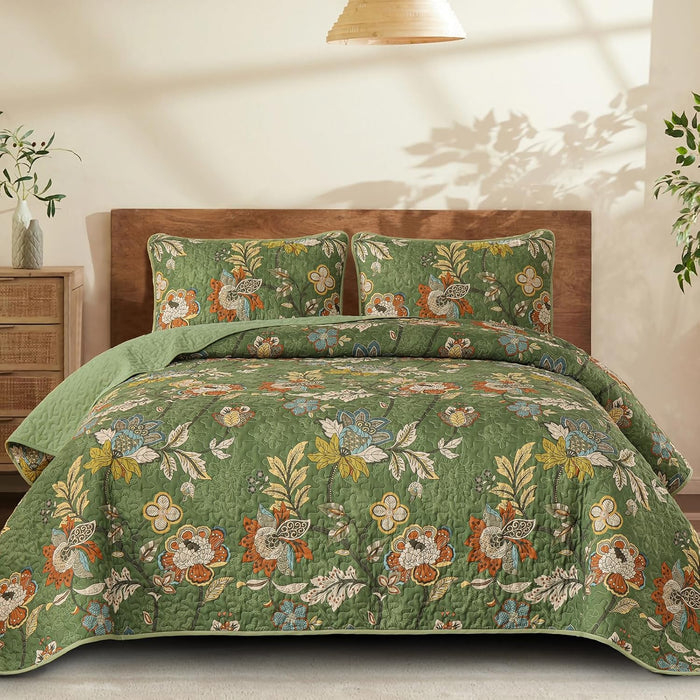 WONGS BEDDING Floral Quilt Set King Size, Grey Botanical King Bedspread Bedding Sets Soft Lightweight Microfiber Flower Gray Coverlet Set 3 Pieces for All Season (104"x90")