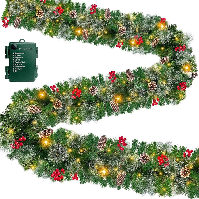 Auto Timer & 8 Modes 9Ft by 10 Inch 50 LED Prelit Christmas Garland Decorations Warm Lights Thick 270 Lifelike Snowy Tips 70 Red Berries 10 Pinecones Xmas Garland Fireplace Door Stairs Home Outdoor
