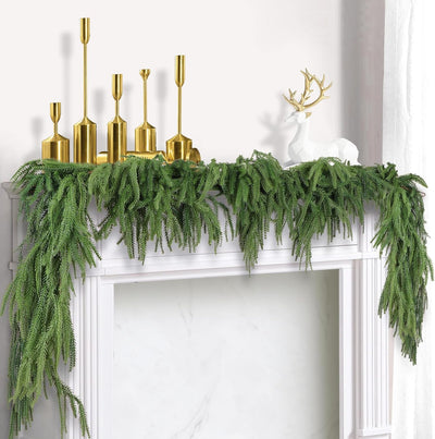 2 Pack Christmas Norfolk Pine Garlands 6FT, Real Touch Artificial Greenery Garland – Full Evergreen Pine Garland for Mantle, Fireplace, Table, Wall, Stairs & Outdoor Holiday Décor
