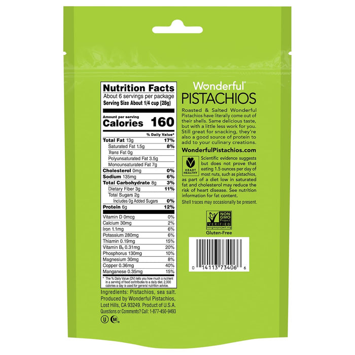 Wonderful Pistachios No Shells, Roasted & Salted Nuts, 6 Ounce Resealable Bag, Protein Snacks, Gluten Free, Healthy Snacks for Adults