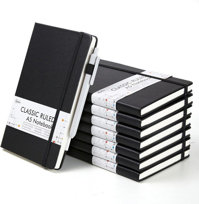 feela 8 Pack Journal Notebook Bulk for School, Hardcover Business Notebooks Classic Ruled Lined Journals with Pen Holder for Work Note Taking, with 8 Black Pens, 120 GSM, 5.1”x8.3”, A5, Gray