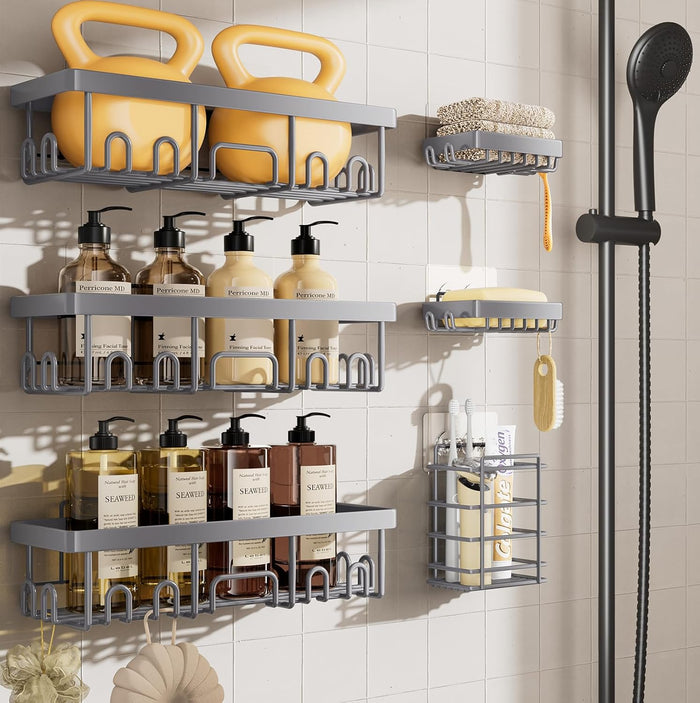 Veken Rustproof Shower Caddy 6-Pack, No Drilling & Waterproof Adhesive Shower Shelves Rack with Soap Holder, Large Capacity Bathroom Organizers and Storage, Wall-Mounted Kitchen & Home Decor