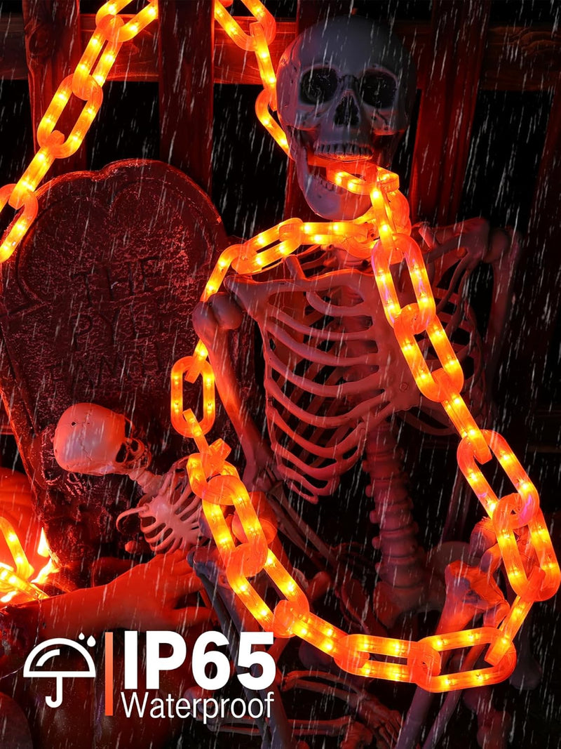 Solar Halloween Decorations Outdoor String Lights - 10 Ft 160 LED Plastic Chain String Lights with Waterproof, 8 Lighting Modes and Timer Function (Orange) US Patent Product