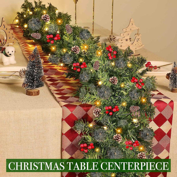 Timer - 9Ft by 10 Inch Prelit Christmas Garland Decoration with 50 Warm White LED Battery Operated Lighted Garland, 200 Branches 20 Canyon Pine Berry Pinecone, Xmas Stair Home Fireplace Outdoor Indoor