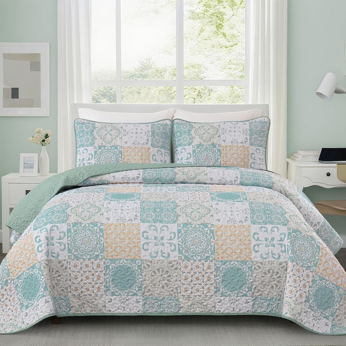 Dobuyly Grey Black Quilt Set Queen Size, Boho Plaid Patchwork Bedspreads Coverlet Set, 3 Pieces Soft Lightweight Microfiber Farmhouse Quilt Bedding Set for All Seasons 96"x90"