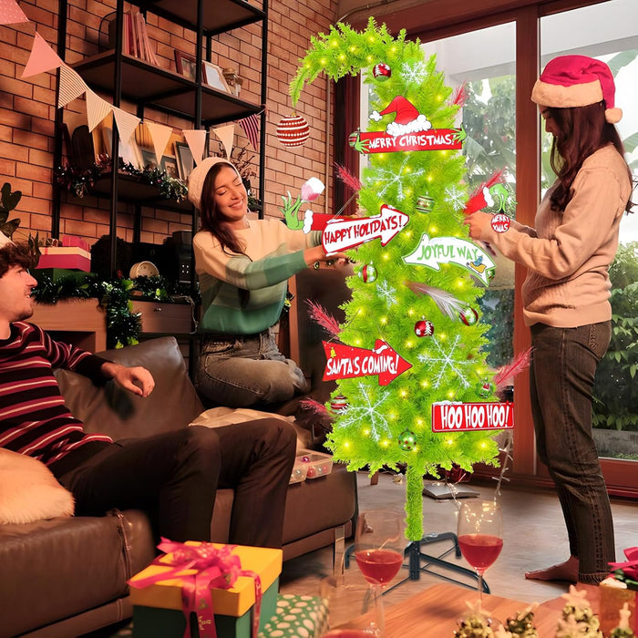 Grinchs Christmas Tree 6FT, Whimsical Bendable Artificial Tree, Lime Green Design with Tree Skirt & Red Ball Ornament, Christmas Decorations Indoors and Outdoors