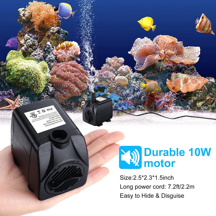 Fountain Pump, 160GPH(10W 600L/H) Submersible Water Pump, Durable Outdoor Fountain Water Pump with 7.2ft（2.2m）Power Cord, 3 Nozzles for Aquarium, Pond, Fish Tank, Water Fountain Pump