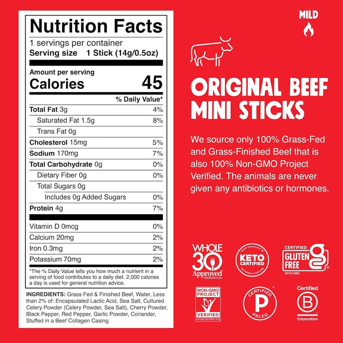 CHOMPS MINI Grass Fed Beef Jerky Meat Snack Sticks 0.5 Oz, Original Beef (Pack of 6)