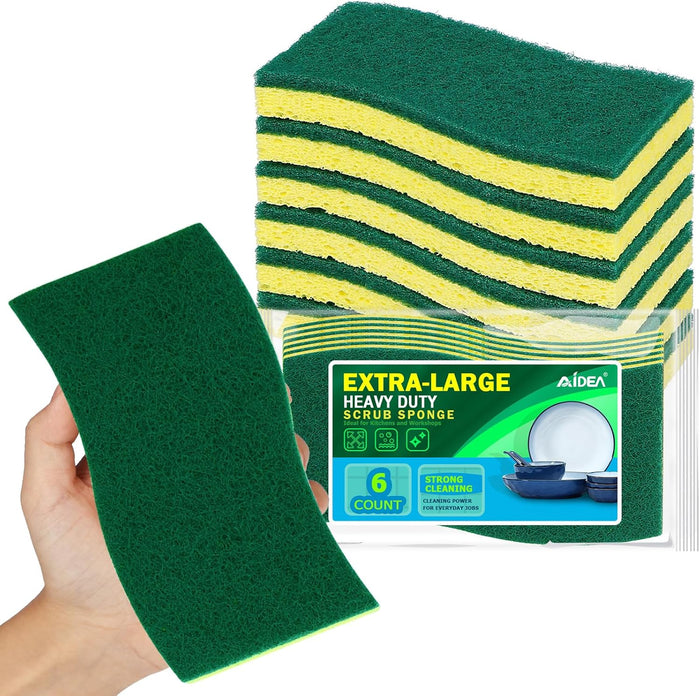 AIDEA XL Scrub Sponges Heavy Duty 12Count, Sponges for Dishes, Extra Large Sponge for Cleaning Kitchen and Household, Heavy Duty Sponge Safe for Non-Coated Cookware, Cleaning Power for Bathroom, House