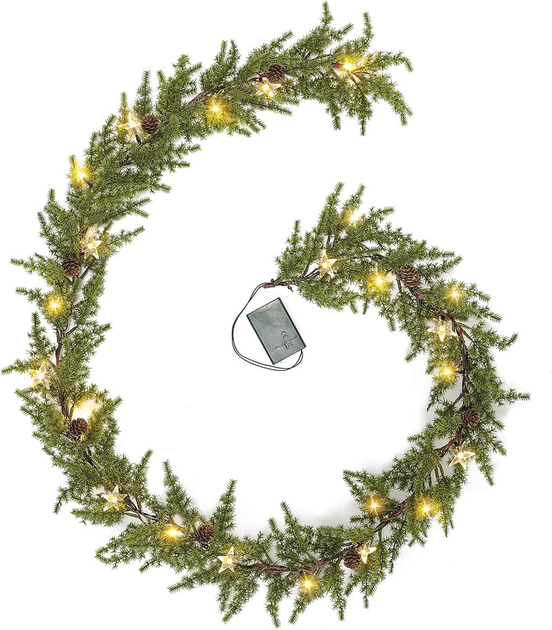 Pine Garland-6FT Christmas Garland,Artificial Evergreen Battery Operated Garland with Lights,Prelit Garland Timer for Mantle Holiday Outdoor Indoor Fireplace Decor