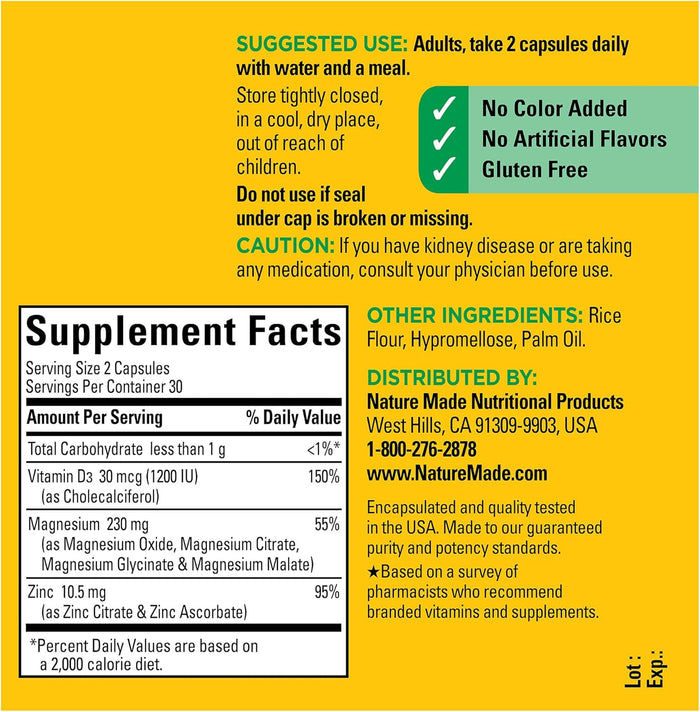 Nature Made Magnesium Complex with Vitamin D and Zinc Supplements, Magnesium Supplement for Muscle, Nerve, Heart & Bone Support with Vitamin D3 & Zinc for Immune Support, 60 Capsules, 30 Day Supply