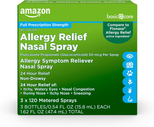 Amazon Basic Care 24-Hour Allergy Relief Nasal Spray, Fluticasone Propionate (Glucocorticoid), 50 mcg, Full Prescription Strength, Non-Drowsy, 0.62 fl oz (Pack of 1)