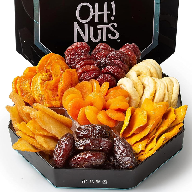 Oh! Nuts 7 Section Dried Fruits and Nuts Gift Basket - Gourmet Assorted Fruit & Nut Gifts Baskets - Healthy Food Hexagon Metal Tin Box - Festive Gifts for Holiday, Birthday, Corporate Women & Men