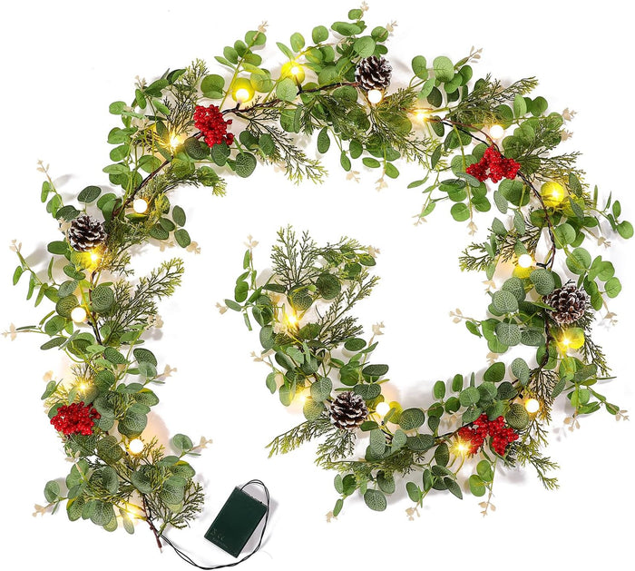 Pine Garland-6FT Christmas Garland,Artificial Evergreen Battery Operated Garland with Lights,Prelit Garland Timer for Mantle Holiday Outdoor Indoor Fireplace Decor
