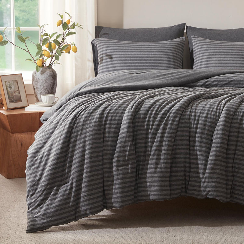 Queen Comforter Set, Comforters Queen Size Luxury Ultra-Soft Jersey Knit Bedding Sets, Dark Grey Lightweight Down Alternative Bed Comforte Queen for All Season, 3 Piece Bedding Setrey
