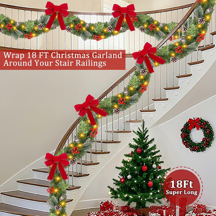 Super Long & Timer 8 Modes - 18 Ft by 10 Inch Prelit Outdoor Christmas Garland for Stair Porch Front Door Mantle, Battery Operated 100 Warm Lights Thick 460 Branch 15 Pinecone 165 Berry Cedar Garland