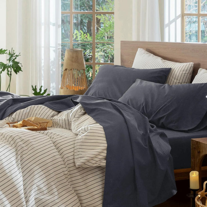 MooMee Bedding Sheet Set 100% Washed Cotton Linen Like Textured Breathable Durable Soft Comfy (Heathered Butter Yellow, Queen)