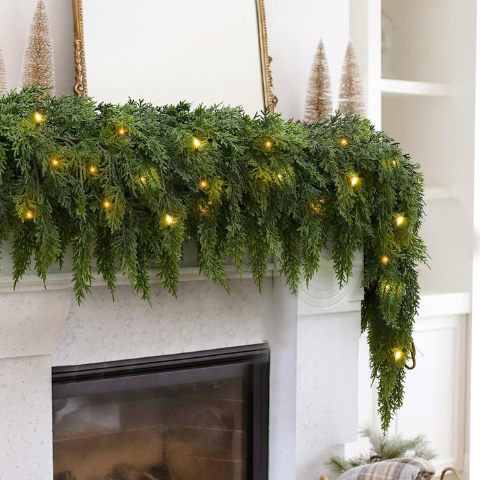 2PCS 9FT Pre-lit Christmas Cedar Garland with 100 Lights, Full 240 Pine Branches, Realistic Faux Garland Artificial Greenery for Fireplace Table Mantle Wall Indoor Outdoor Winter Holiday Decorations