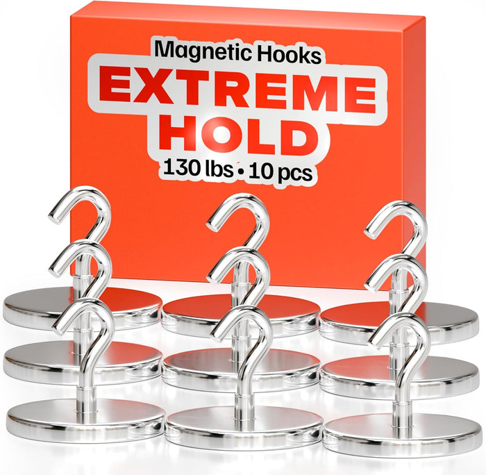 Magnetic Hooks 27 LBS (Pack of 10 Silver) - Heavy Duty Neodymium Hooks for Outdoor & Backyard Use - Strong Rare Earth Magnets for Cruise Cabins - Magnetic Hooks for Kitchen & Refrigerators