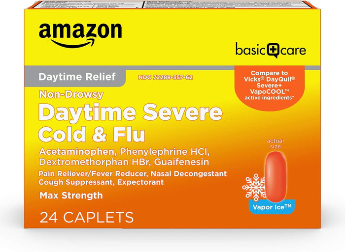 Amazon Basic Care Vapor Ice Day and Night Severe Cold and Flu Relief Caplets, Maximum Strength Medicine, Combo Pack, 48 Count