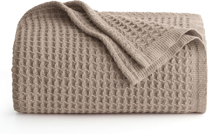 Bedsure Gentlesoft 100% Cotton Blanket King Size for Bed - Breathable and Soft, Thick Cozy Waffle Weave Christmas Blanket Gift for Women, Khaki (a Little Bit Yellow), 104x90 inches