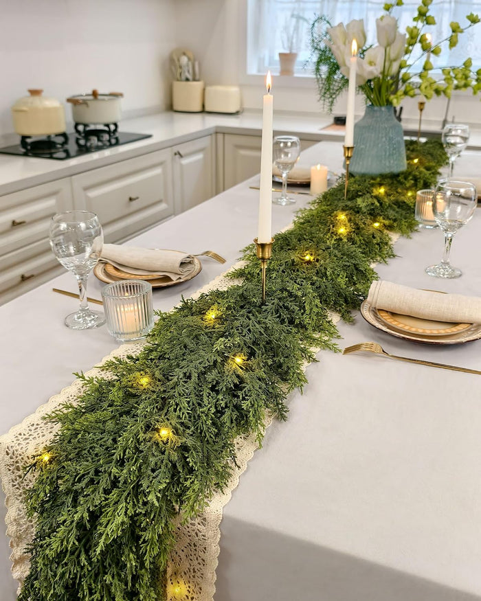 6ft Christmas Garland with Lights, Cedar Garland, Thick Realistic Green Cedar Pine Garland for Mantle, Stairs Railing, Indoor Outdoor New Year Decoration with Smart Timer