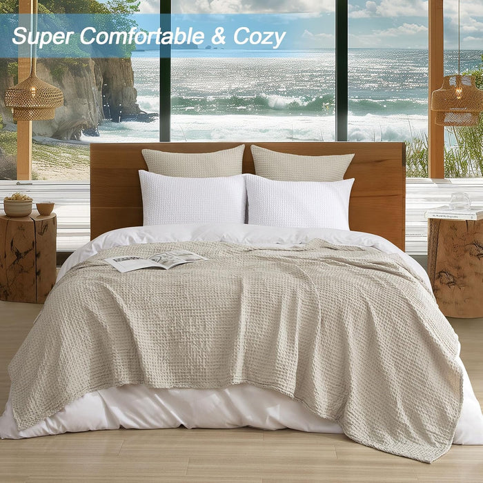 PHF Ultra Soft Summer Waffle Beeding Set- Linen Euro Shams and Blanket