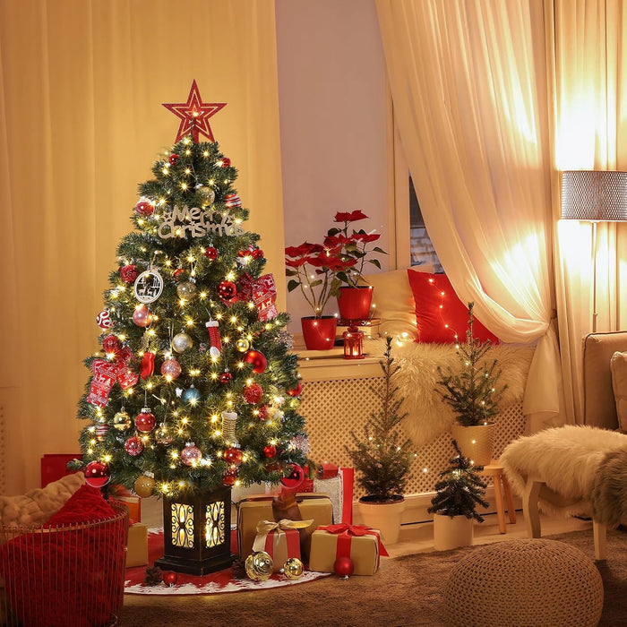 4.5 Ft Artificial Fiber Optic Christmas Tree, Pre-Lit Artificial Potted Xmas Tree with 300 Led Lights, 8 Lighting Modes, Includes Antique Urn Base, 1 PCS