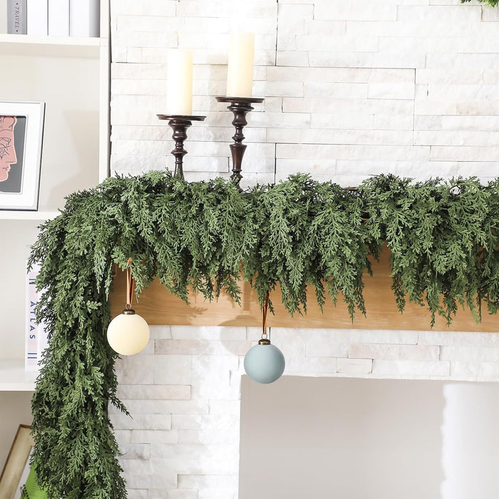 Jutom 2 PCS 9 ft Christmas Cedar Garland - Artificial Realistic Holiday Cedar Pine Needles Greenery Garland Decoration for Mantel Table Winter Party