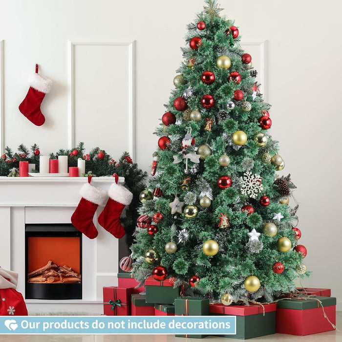 Arlopu 9ft Pre-lit Artificial Cashmere Christmas Tree, Snow Flocked Prelighted Pine Needle Xmas Tree, W/Warm White Lights, Tips, Foldable Metal Base for Home Store Party Holiday Decoration