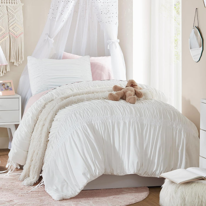 Intelligent Design Queen Comforter Set Ruched Shabby Chic Comforters for Queen Size Bed, All Season Lightweight Comforter Queen, French Country Bedding Set, Shams, Ella, Full/Queen, Pink 3 Piece